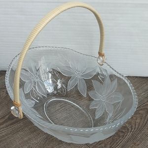 Vintage Glass Poinsettia Basket with Bamboo Handle Embossed Design WP&G Frosted